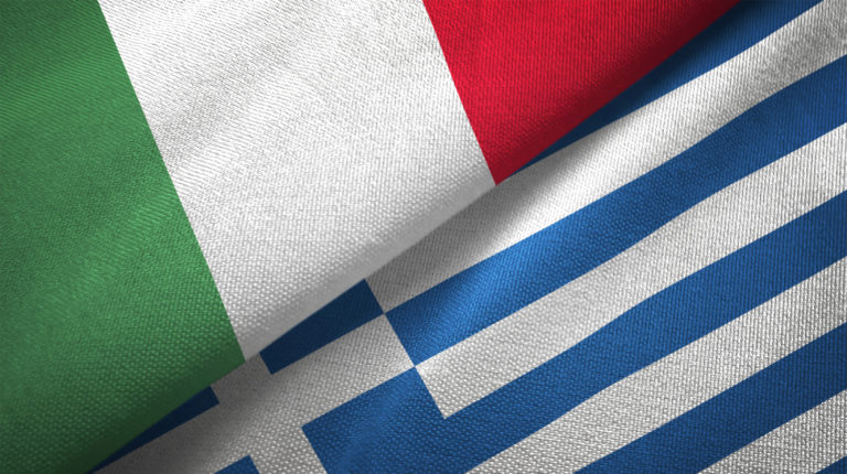Greece and Italy two flags together textile cloth fabric texture