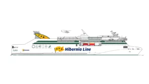 Kamion nastupující na trajekt Hibernia Line pro nákladní dopravu přes kanál La Manche mezi VB a Francií